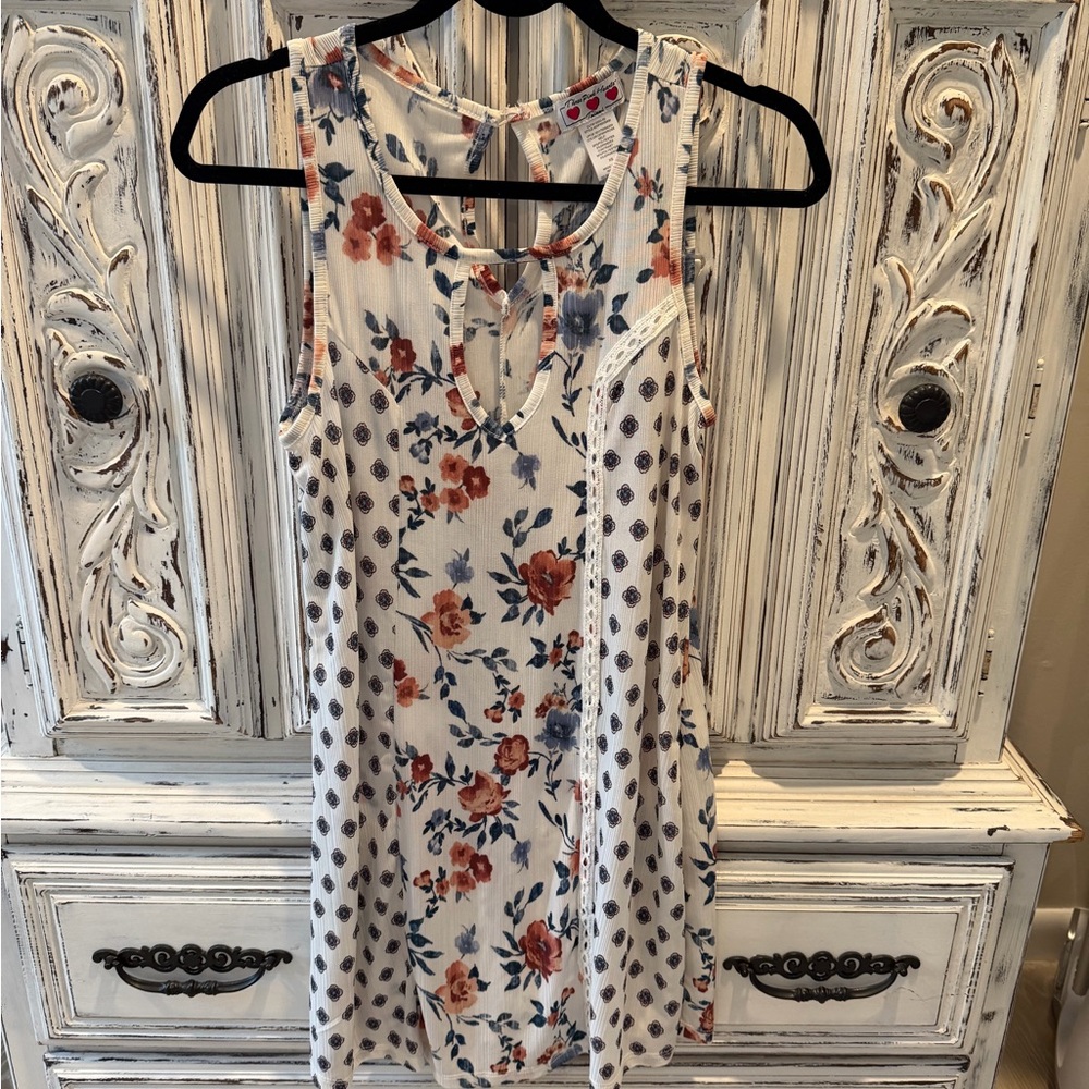 Three Hearts White Mini Dress with Orange and Blue Floral Accents